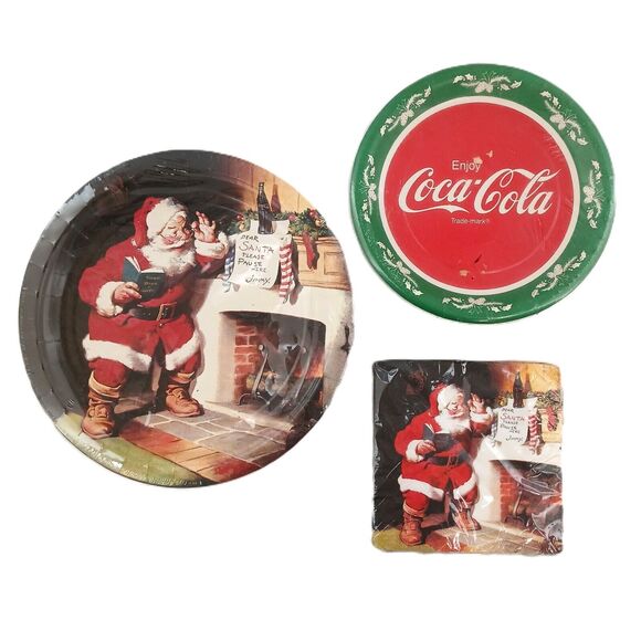 Vintage 1993 Coca Cola Santa Napkins & Plastic Coated Paper Plates NOS Xmas - Picture 1 of 8